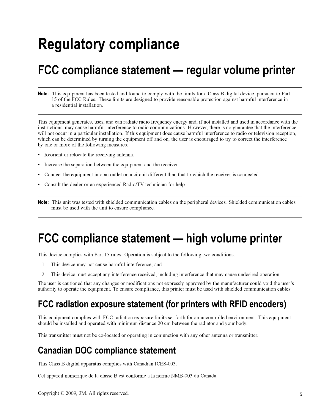 3M 813 Regulatory compliance, FCC compliance statement regular volume printer, Canadian DOC compliance statement 