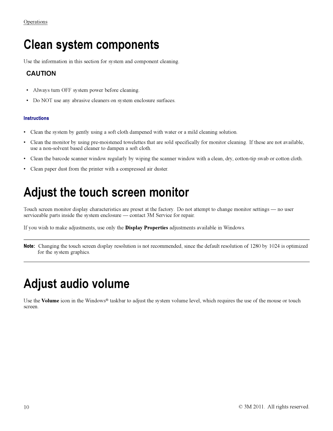 3M 8422, 8420 owner manual Clean system components, Adjust the touch screen monitor, Adjust audio volume 