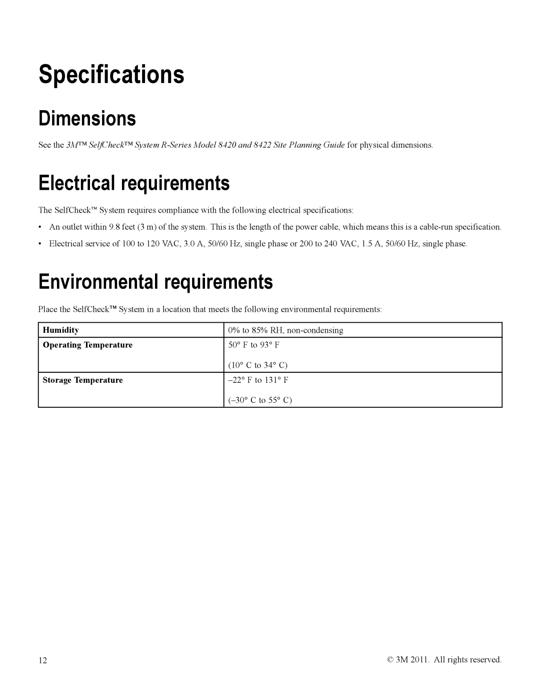 3M 8422, 8420 owner manual Specifications, Dimensions, Electrical requirements, Environmental requirements 