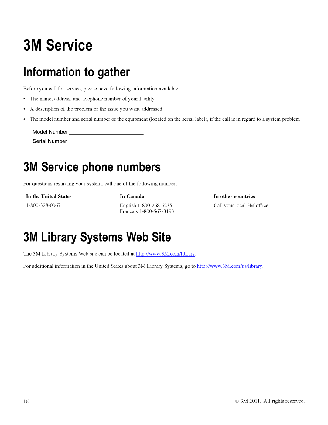 3M 8422, 8420 owner manual Information to gather, 3M Service phone numbers, 3M Library Systems Web Site 