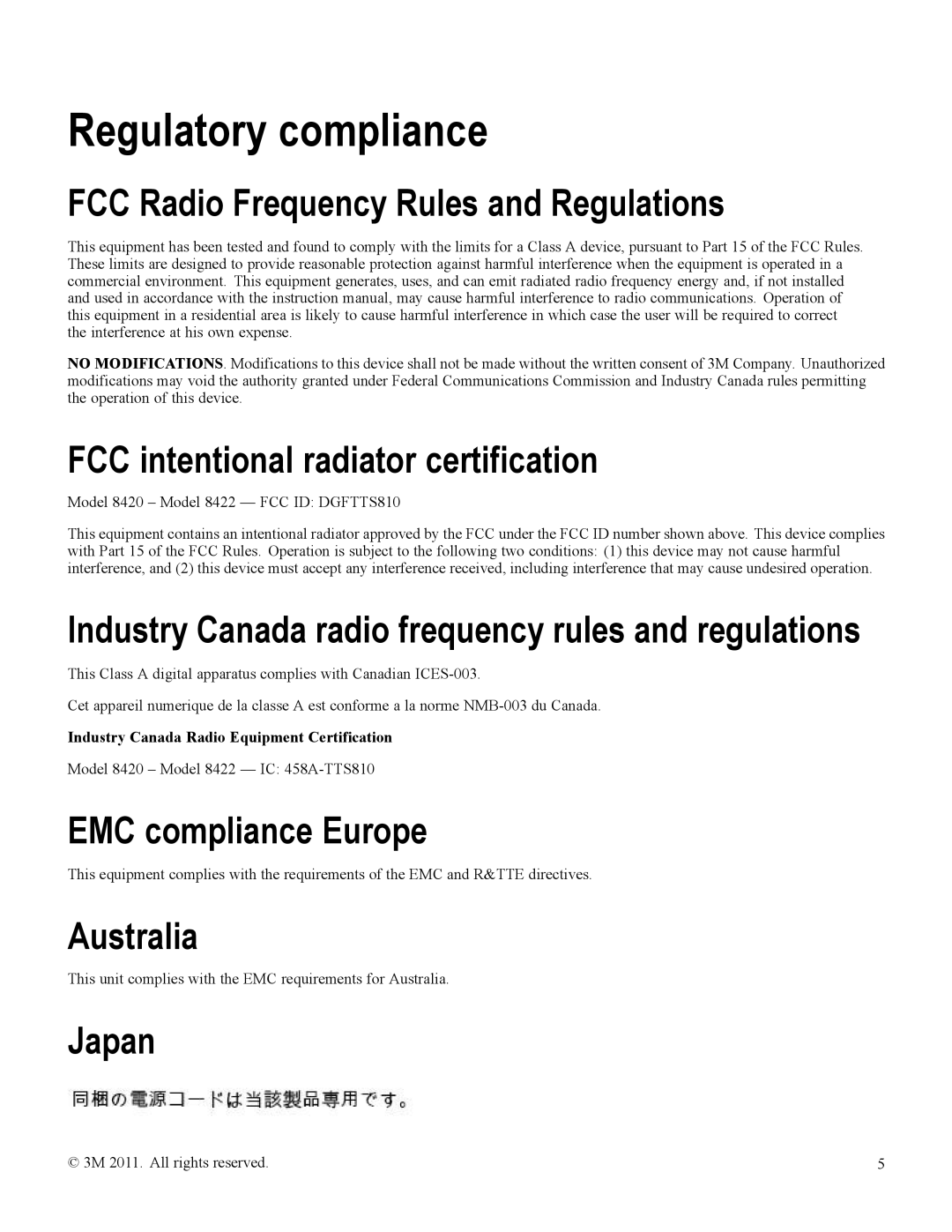 3M 8420, 8422 owner manual Regulatory compliance 