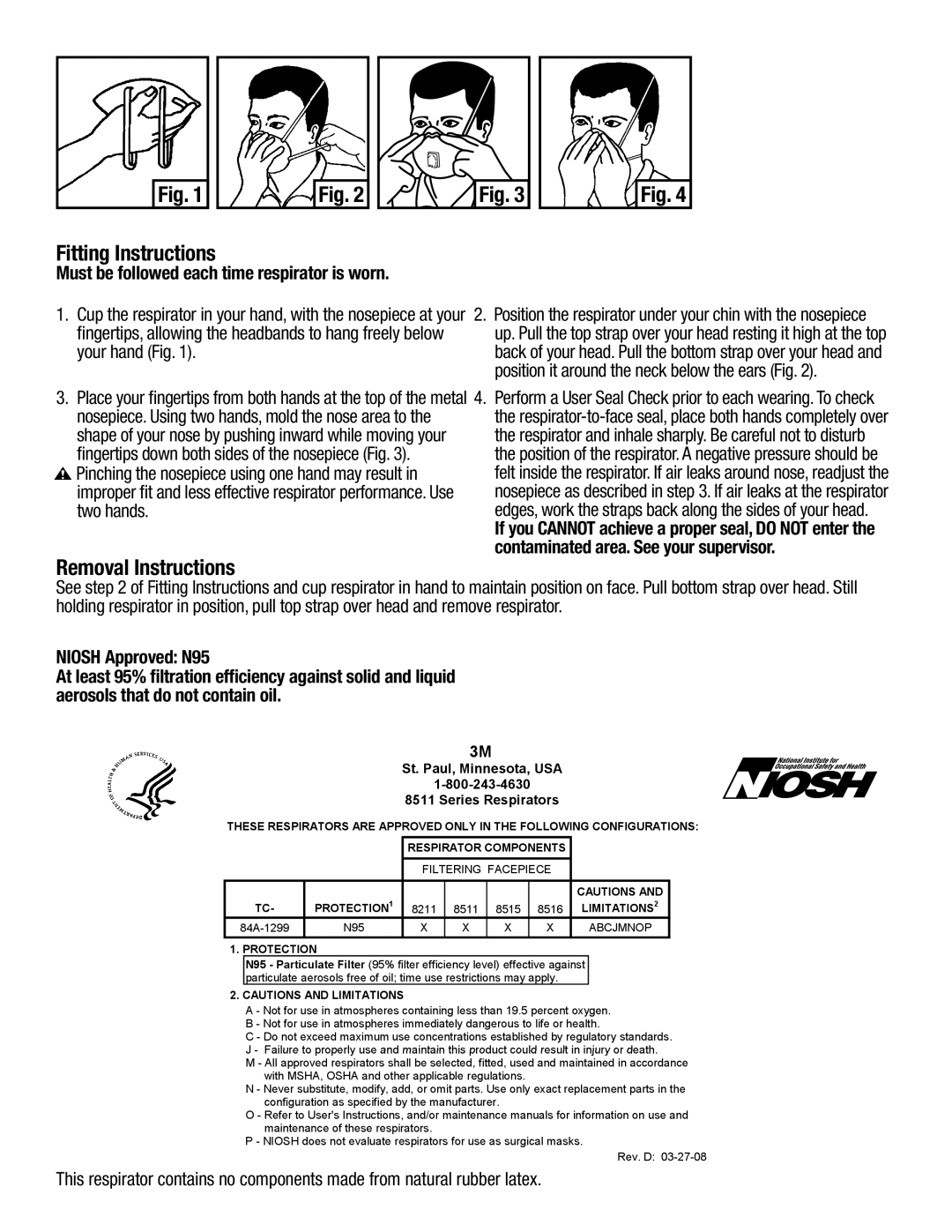 3M 7185, 8511, 8211 manual Fitting Instructions, Removal Instructions 