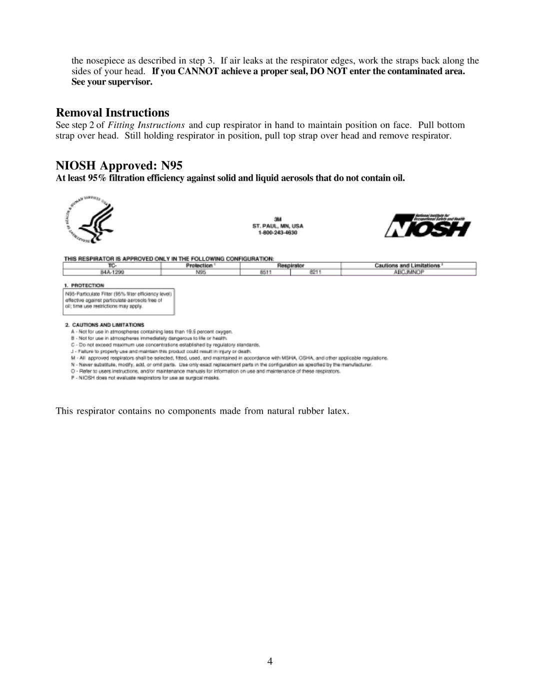 3M 8511, 8211 manual Removal Instructions, Niosh Approved N95 