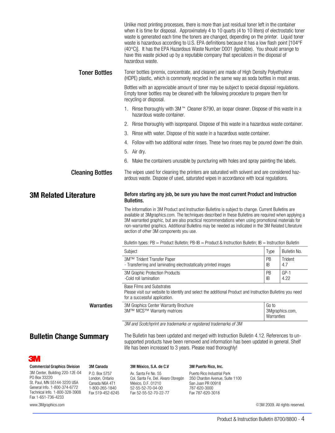 3M 8700, 8800 warranty 3M Related Literature, Bulletin Change Summary, Warranties 