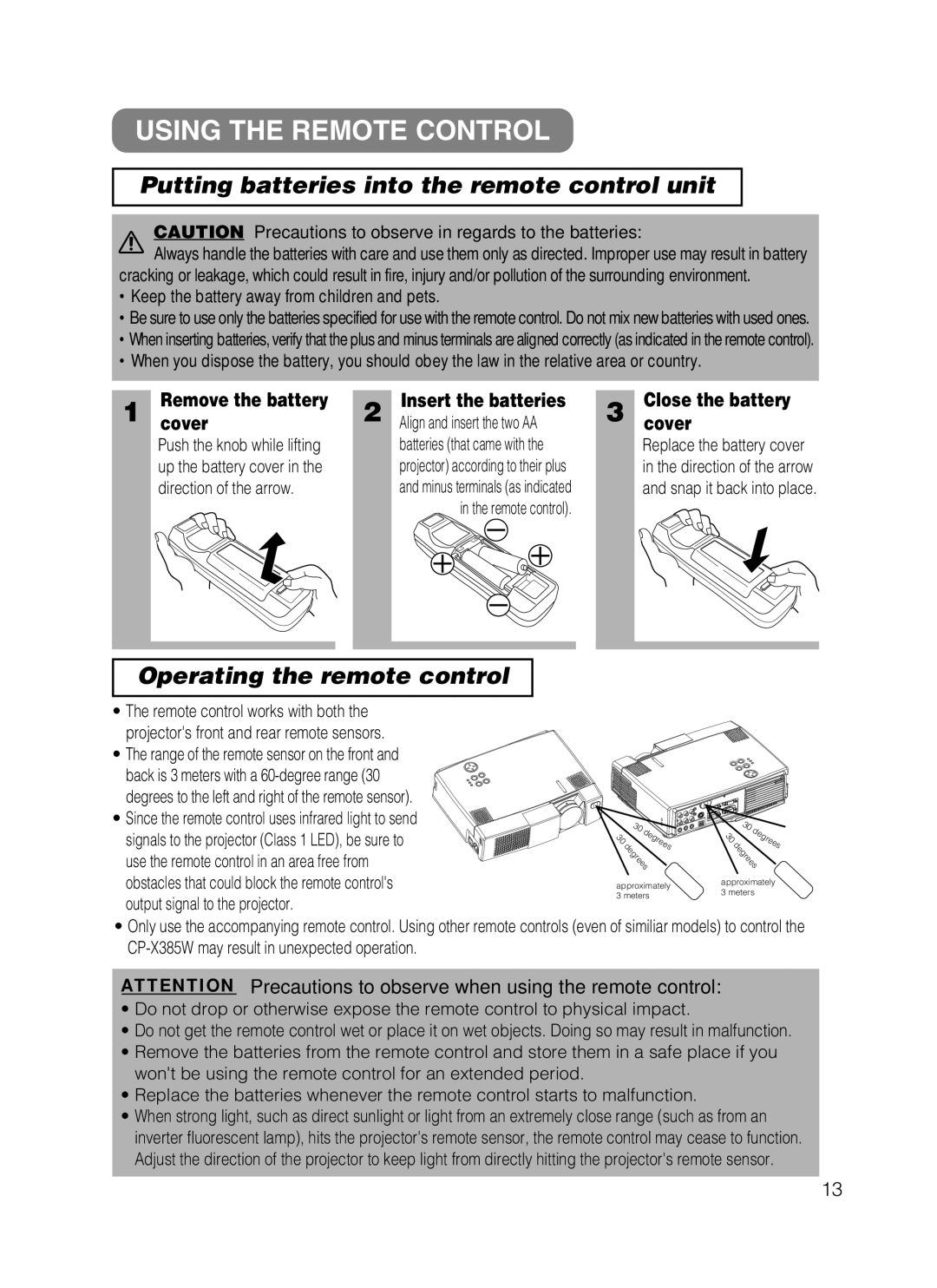 3M 8749 manual Using the Remote Control, Putting batteries into the remote control unit, Operating the remote control 