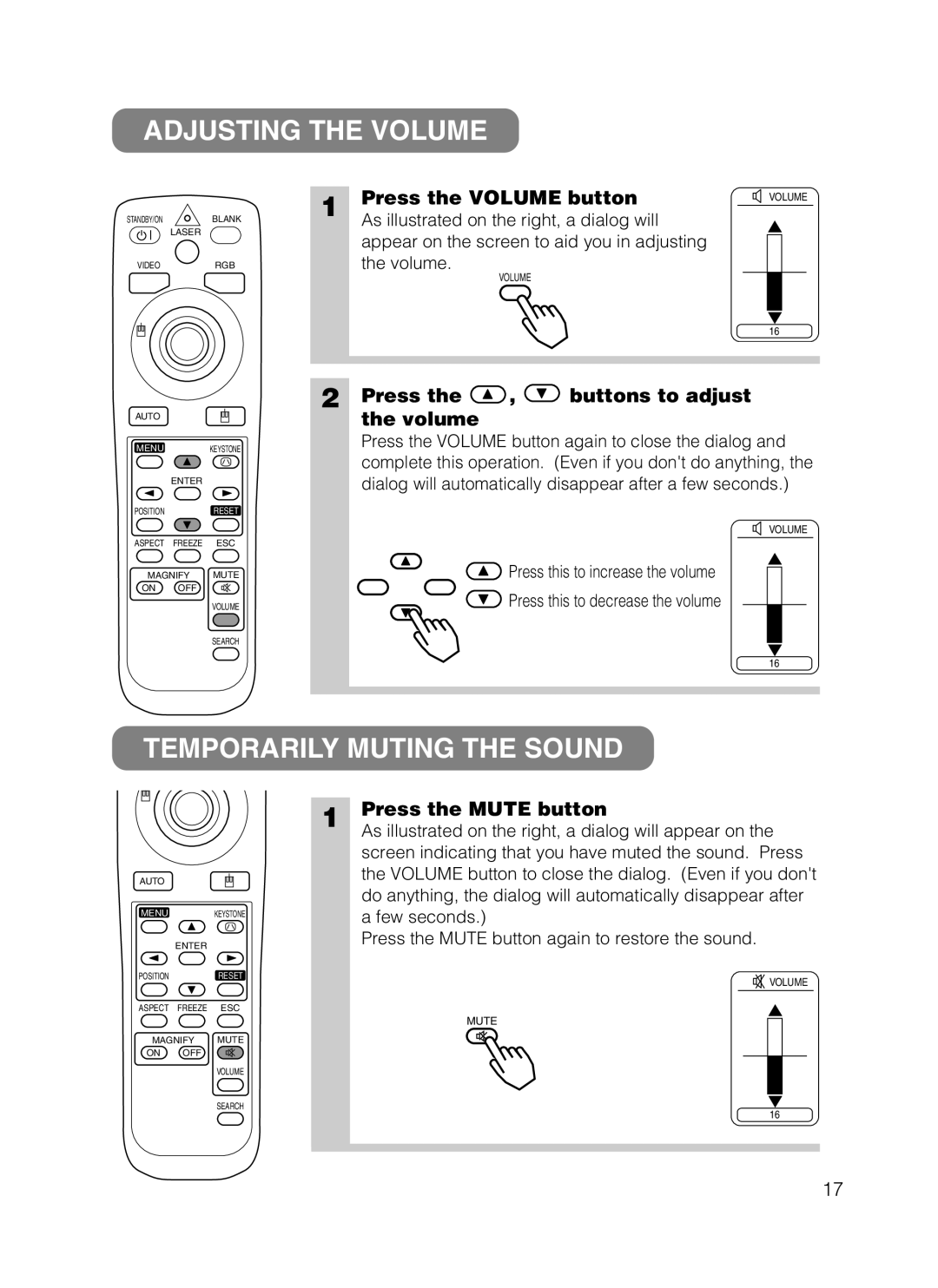 3M 8749 manual Adjusting the Volume, Temporarily Muting the Sound, Press the Volume button, Press Buttons to adjust Volume 