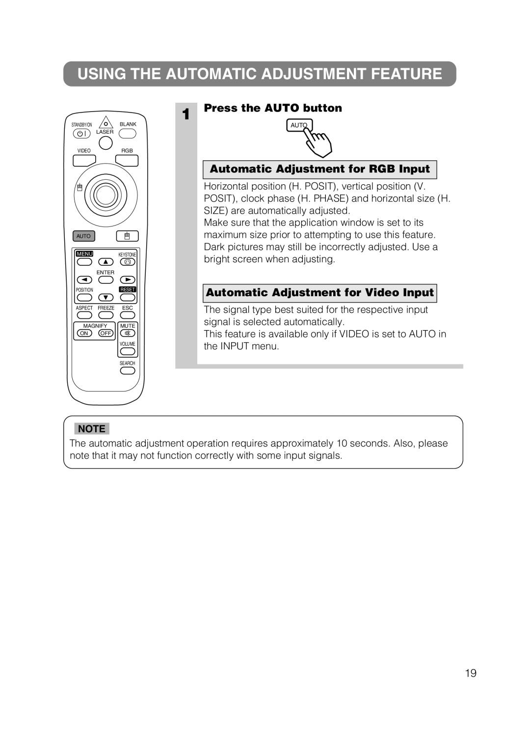 3M 8749 manual Using the Automatic Adjustment Feature, Press the Auto button, Automatic Adjustment for RGB Input 