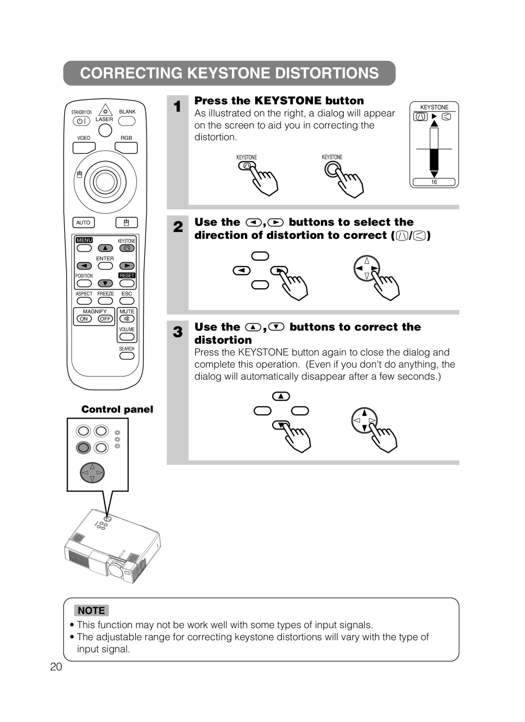 3M 8749 manual Correcting Keystone Distortions, Press the Keystone button 