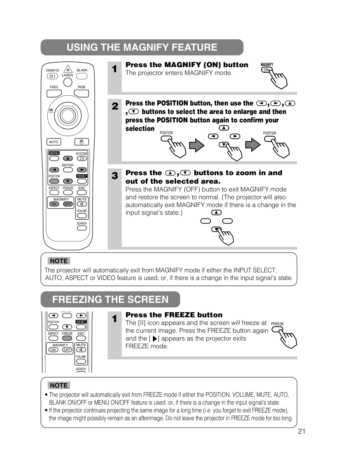 3M 8749 manual Using the Magnify Feature, Freezing the Screen 