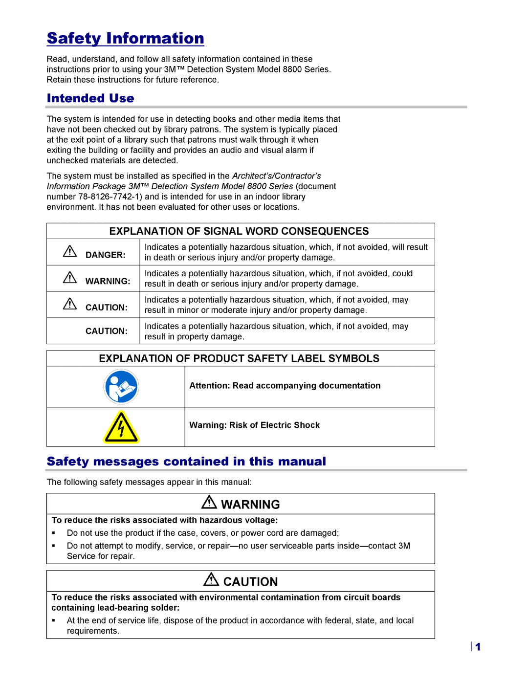 3M 8800 Series owner manual Safety Information, Intended Use, Safety messages contained in this manual 