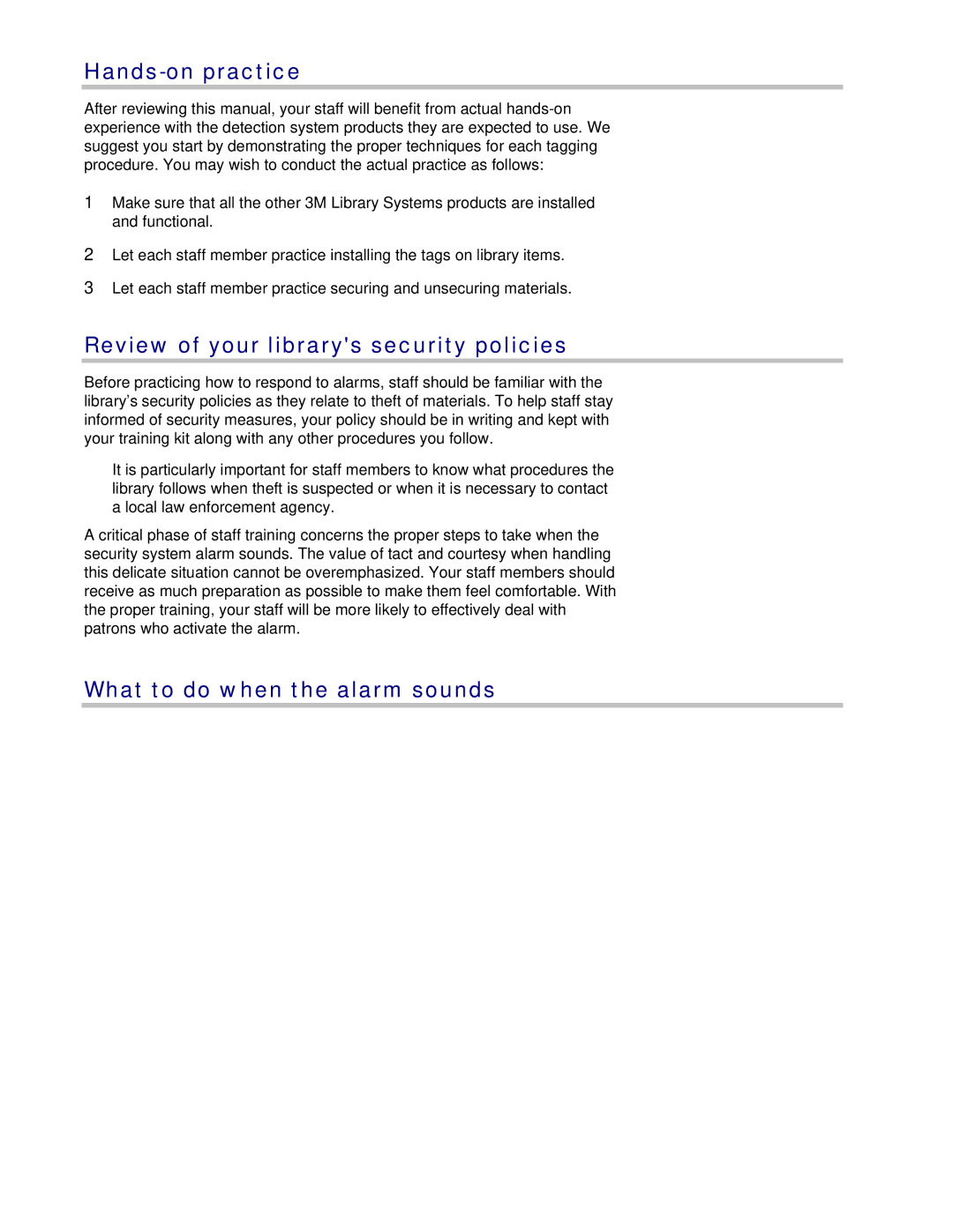 3M 8800 Series owner manual Hands-on practice, Review of your librarys security policies, What to do when the alarm sounds 