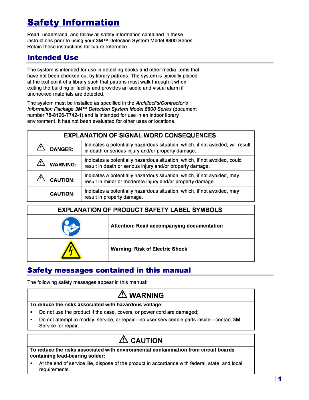 3M 8800 Series owner manual Safety Information, Intended Use, Safety messages contained in this manual 