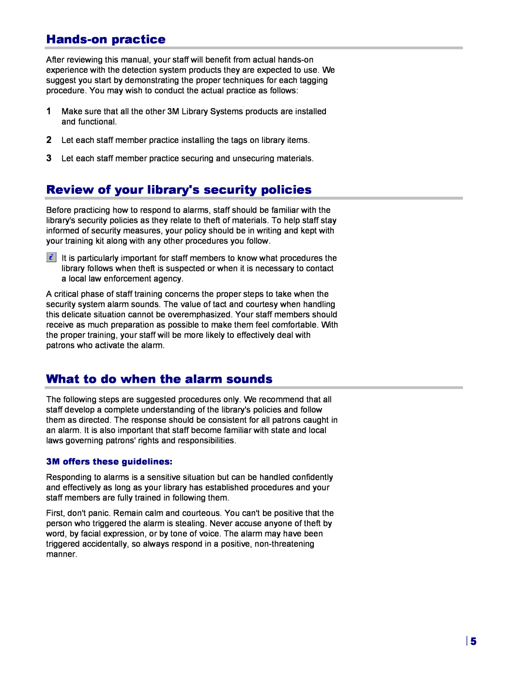 3M 8800 Series owner manual Hands-onpractice, Review of your librarys security policies, What to do when the alarm sounds 