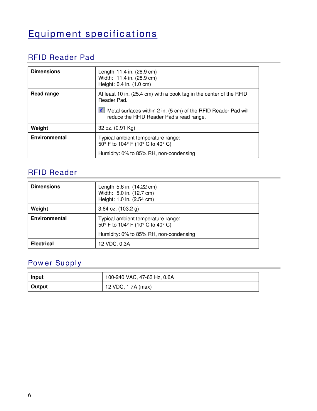 3M 895 owner manual Equipment specifications, Rfid Reader Pad, Power Supply 