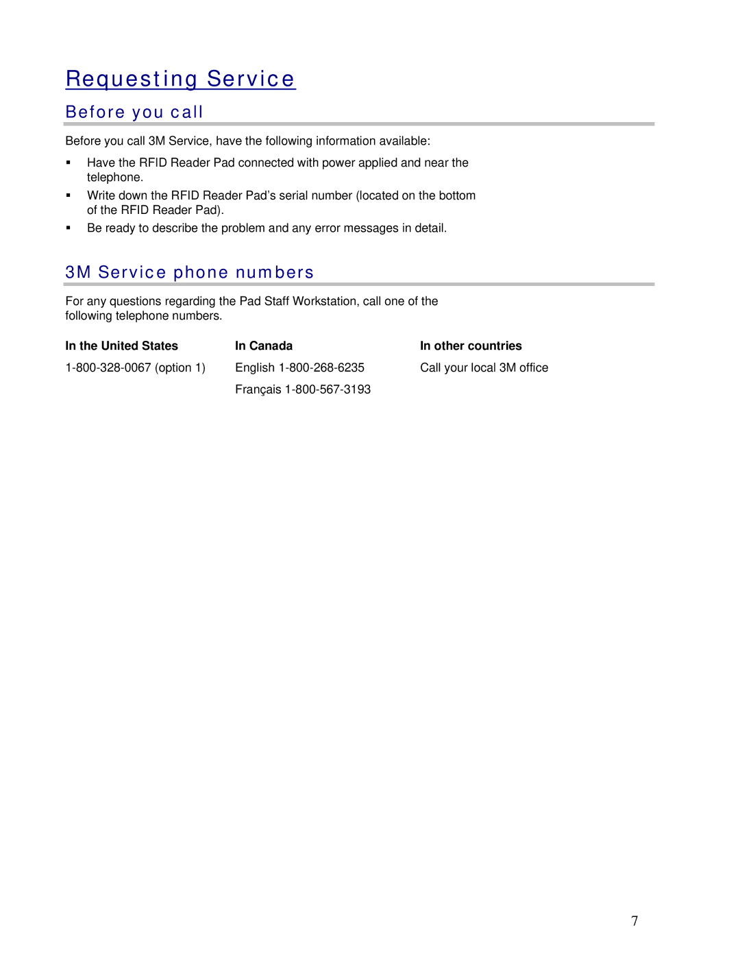 3M 895 owner manual Requesting Service, Before you call, 3M Service phone numbers 