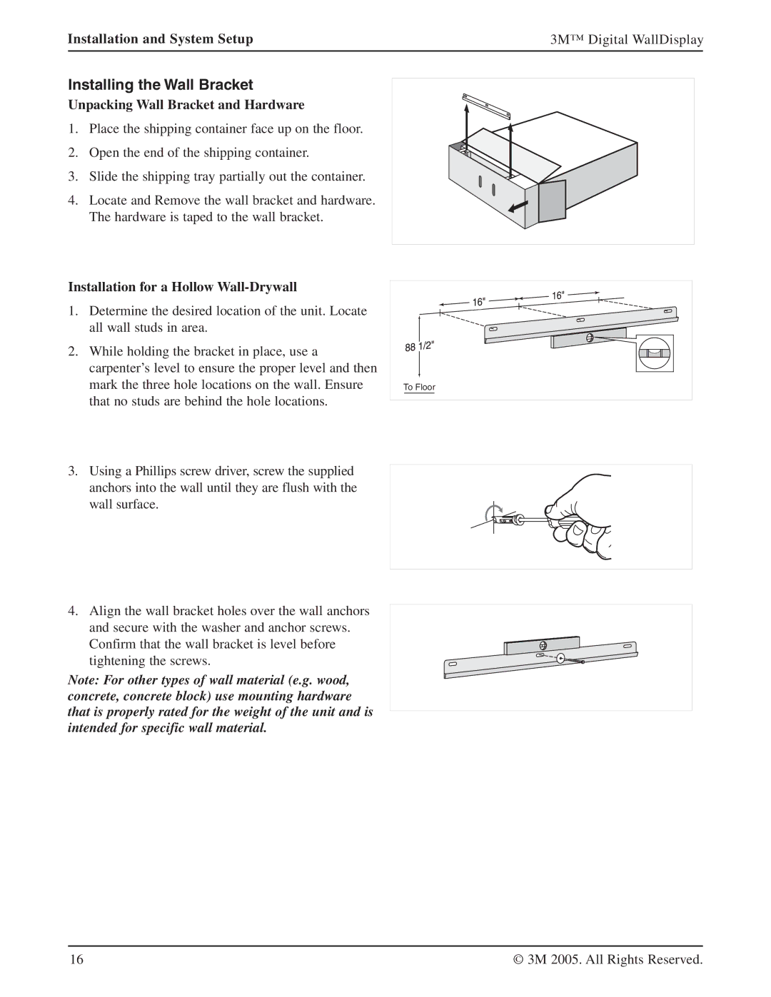 3M 9000PD manual Installing the Wall Bracket, Installation and System Setup 3M Digital WallDisplay 