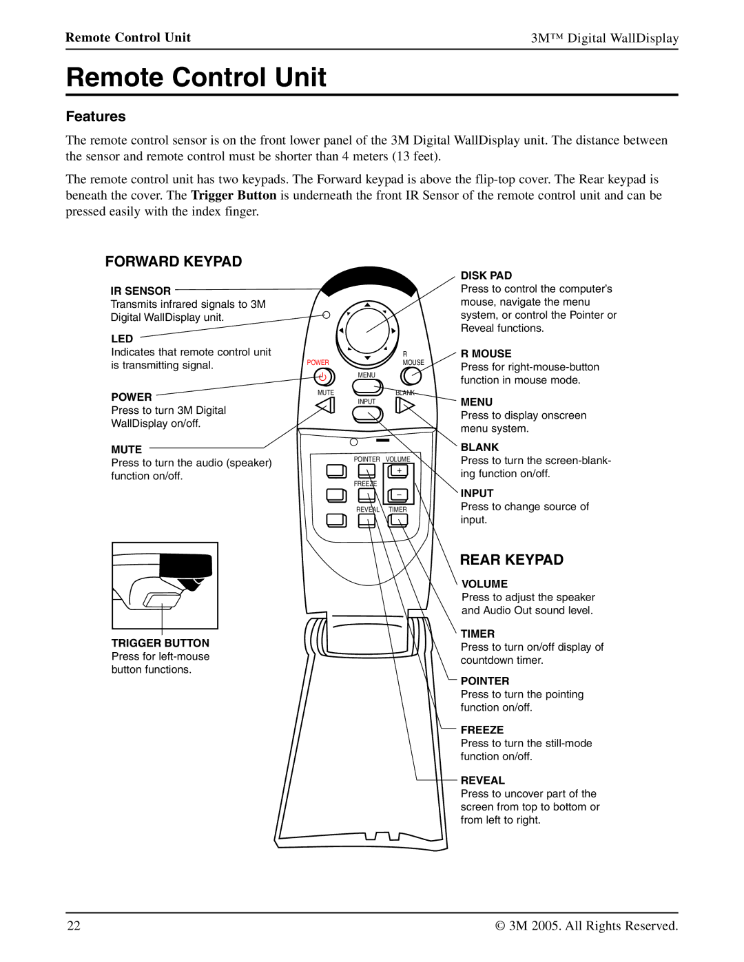 3M 9000PD manual Features, Remote Control Unit 3M Digital WallDisplay 