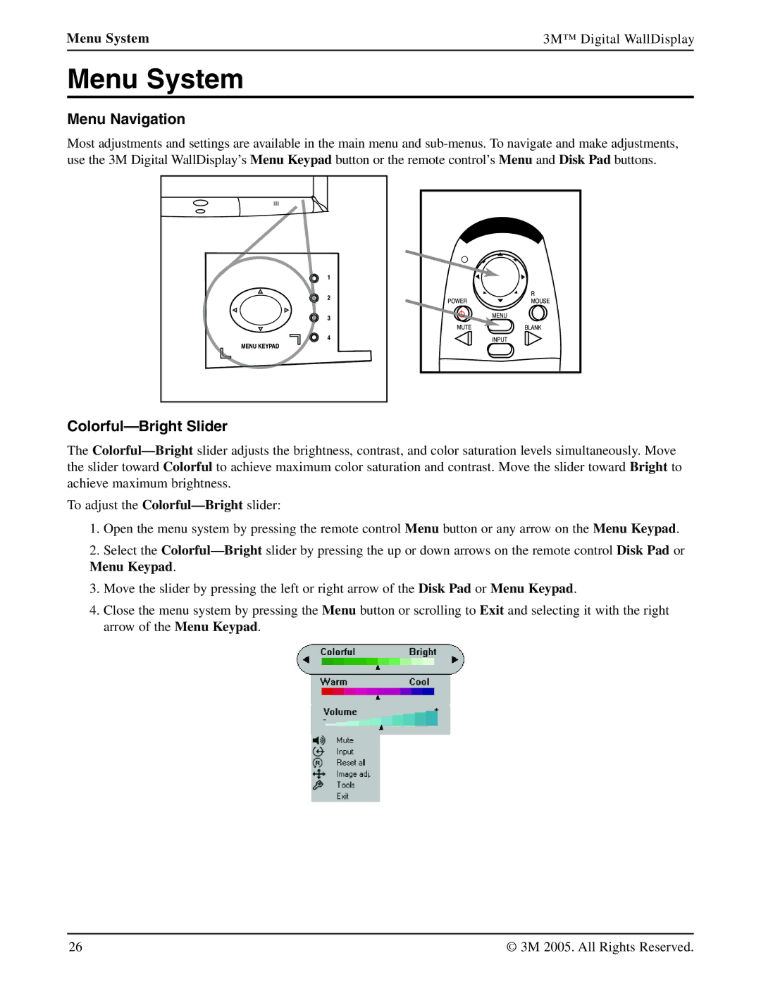 3M 9000PD manual Menu Navigation, Colorful-Bright Slider, Menu System 3M Digital WallDisplay 