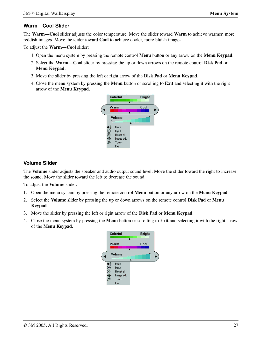 3M 9000PD manual Warm-Cool Slider, Volume Slider 