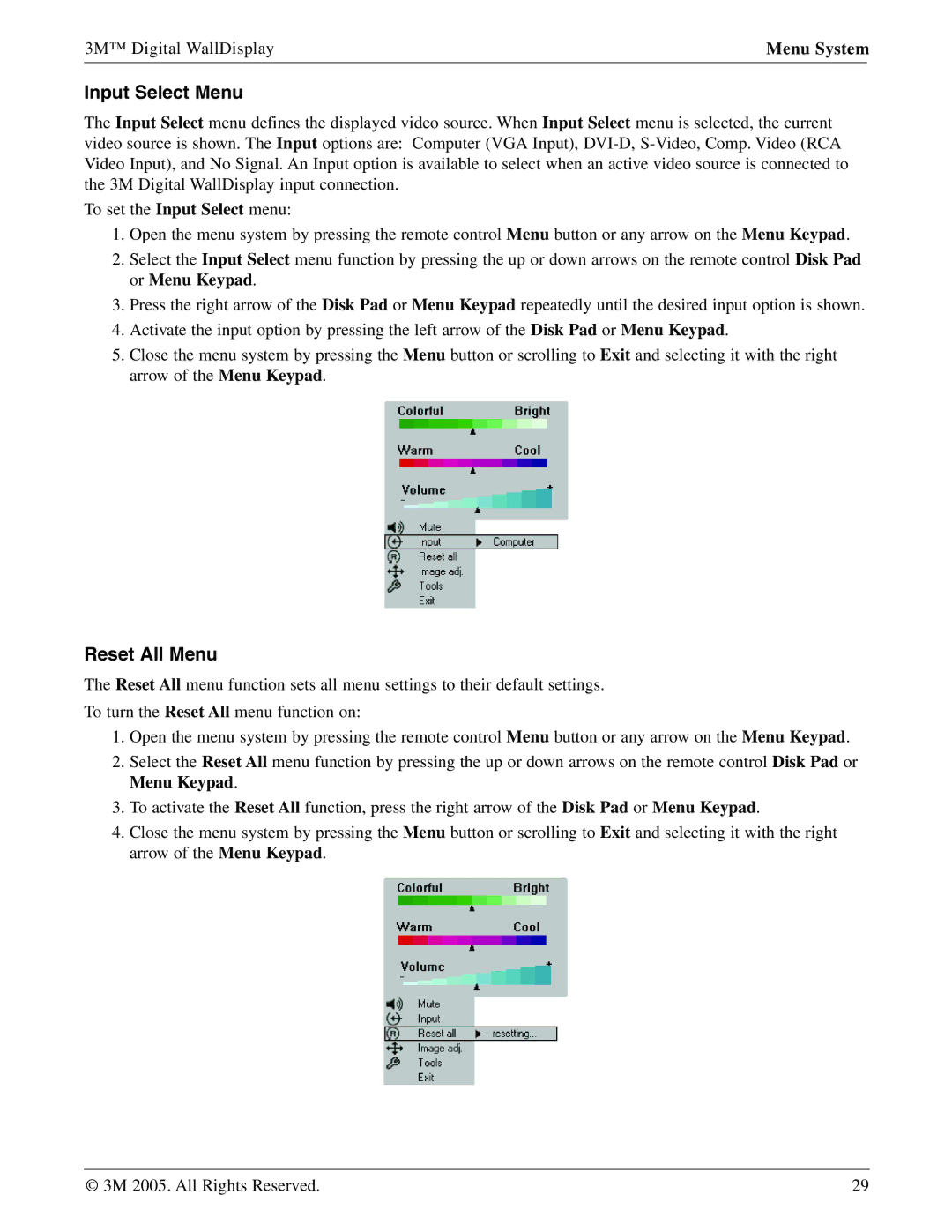 3M 9000PD manual Input Select Menu, Reset All Menu 