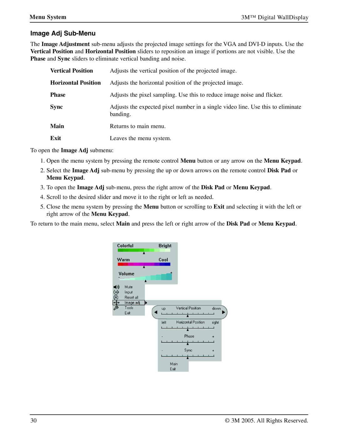 3M 9000PD manual Image Adj Sub-Menu, Banding, Main Returns to main menu Exit Leaves the menu system 