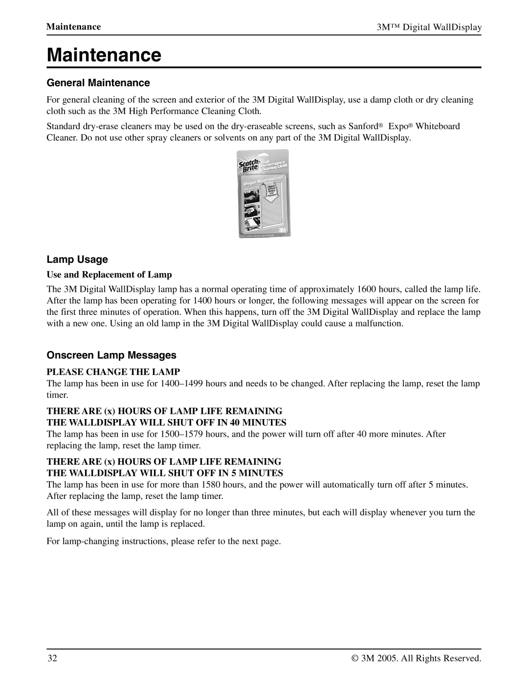 3M 9000PD manual General Maintenance, Lamp Usage, Onscreen Lamp Messages 