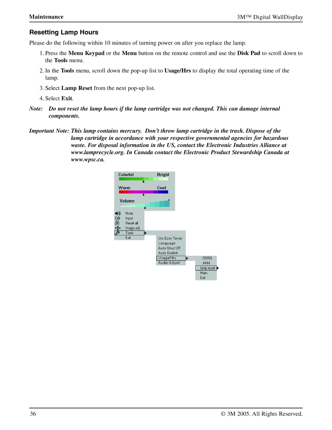 3M 9000PD manual Resetting Lamp Hours 