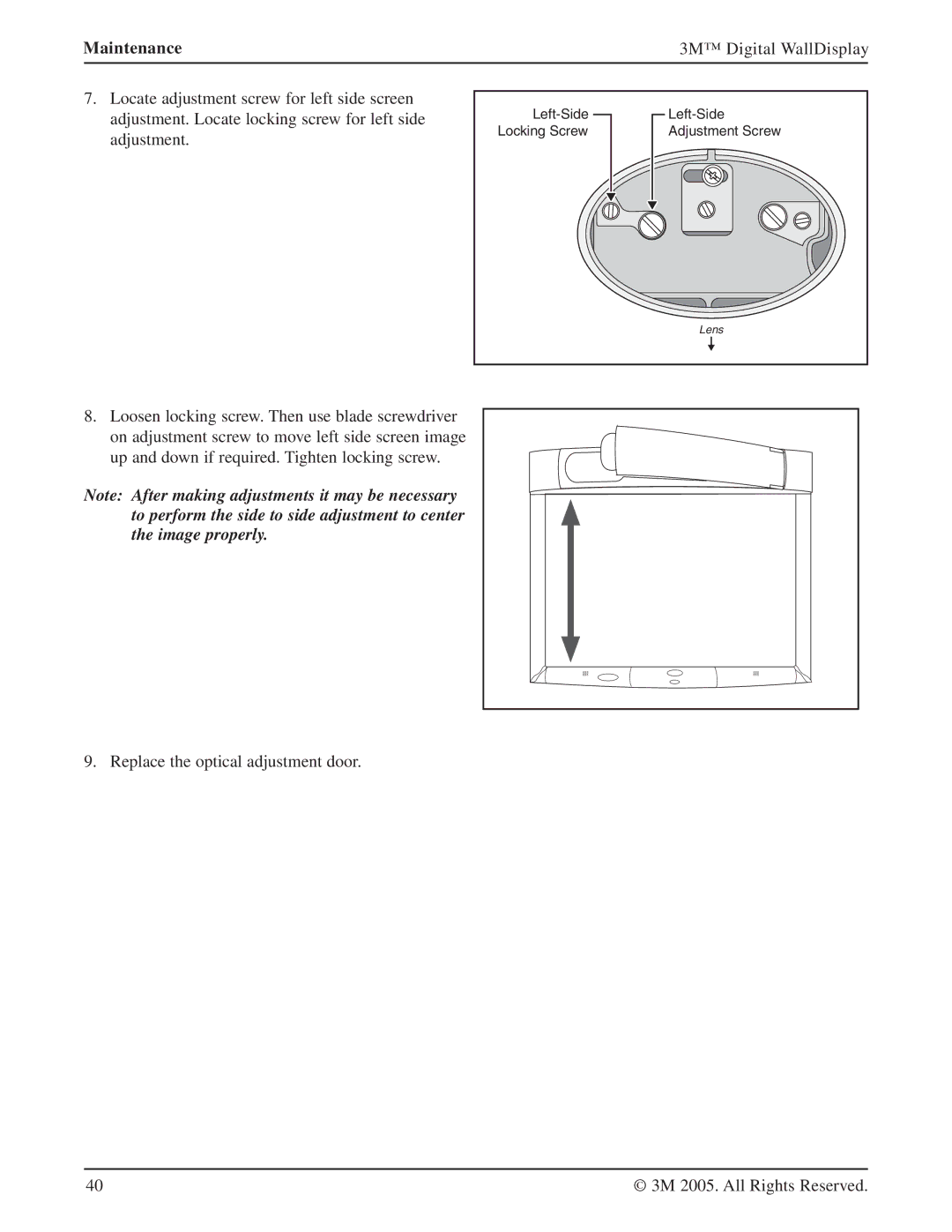 3M 9000PD manual Replace the optical adjustment door 