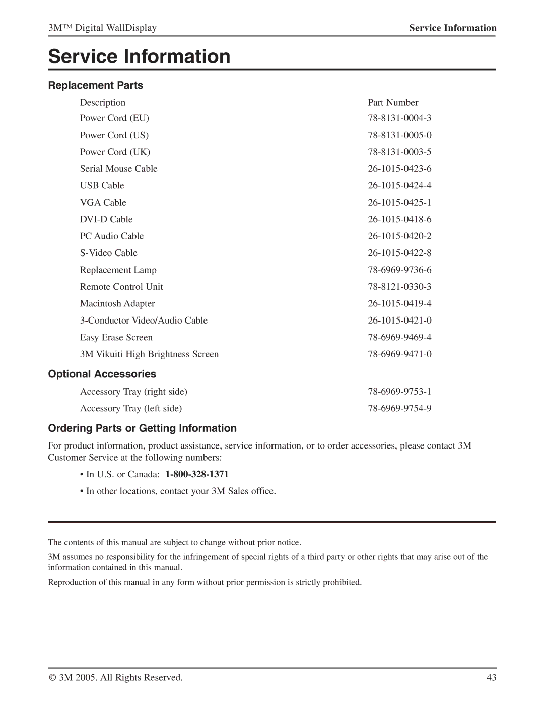 3M 9000PD manual Service Information, Replacement Parts, Ordering Parts or Getting Information 