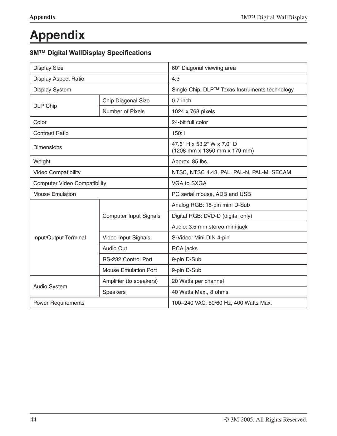 3M 9000PD manual Appendix, 3M Digital WallDisplay Specifications 