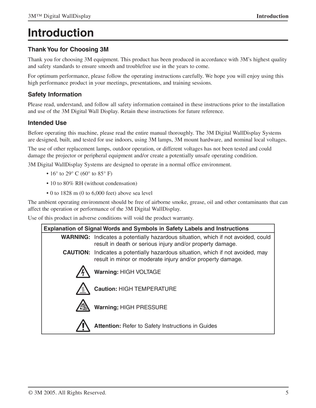 3M 9000PD manual Introduction, Thank You for Choosing 3M, Safety Information, Intended Use, 3M Digital WallDisplay 