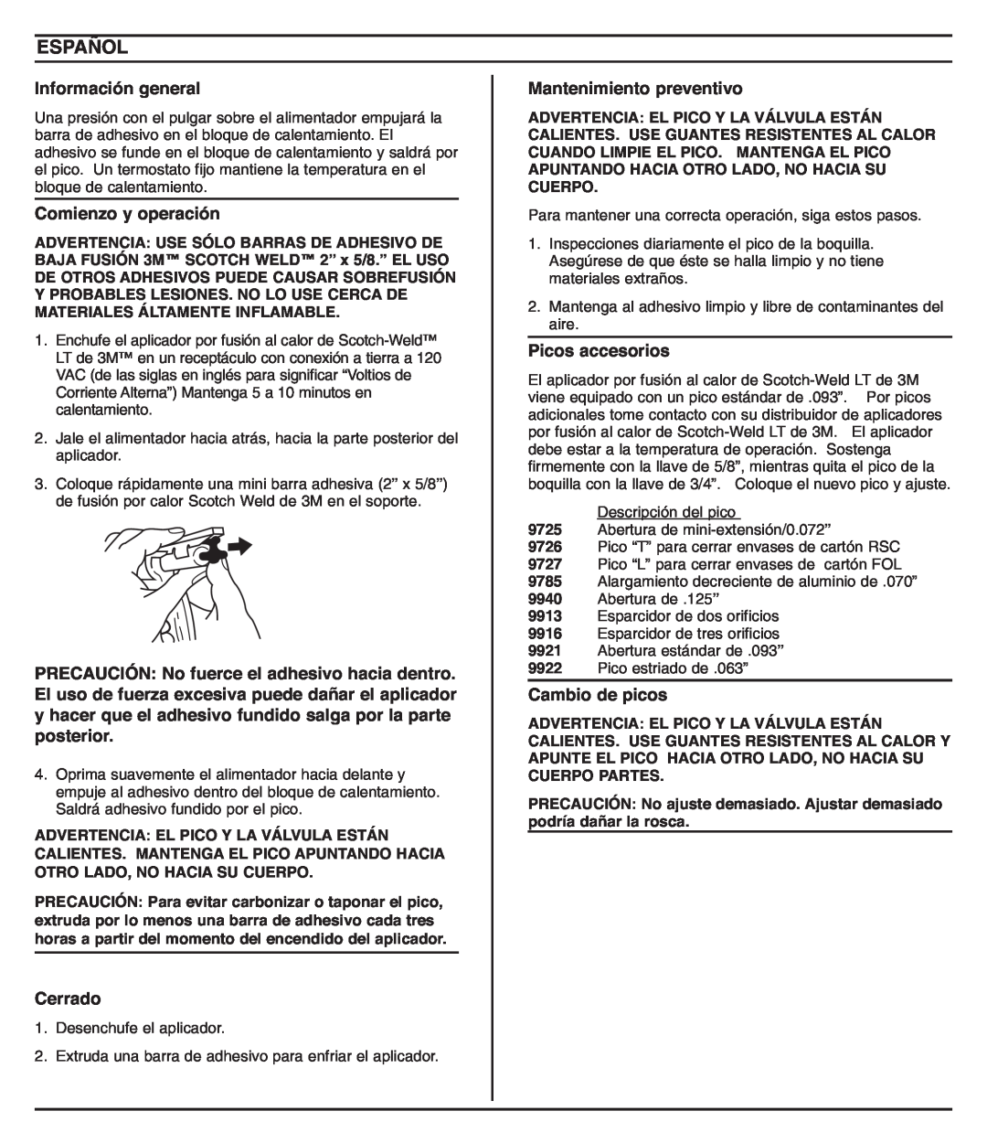 3M 9262 62-9262-9930-6 owner manual Español, Información general, Comienzo y operación, Cerrado, Mantenimiento preventivo 