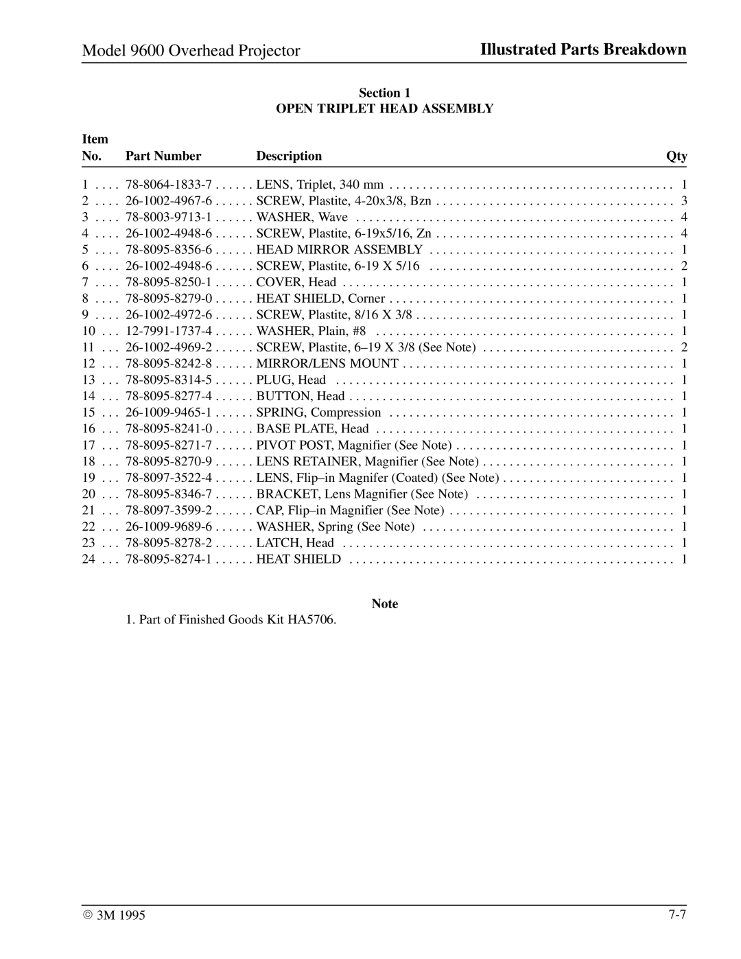 3M 9600 manual Part Number Description 