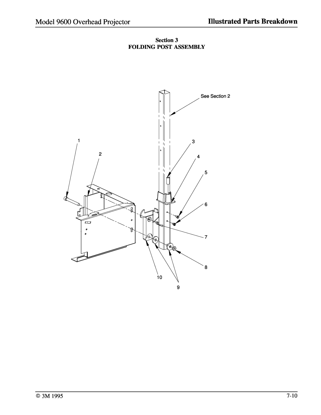 3M manual Section FOLDING POST ASSEMBLY, Model 9600 Overhead Projector, Illustrated Parts Breakdown 