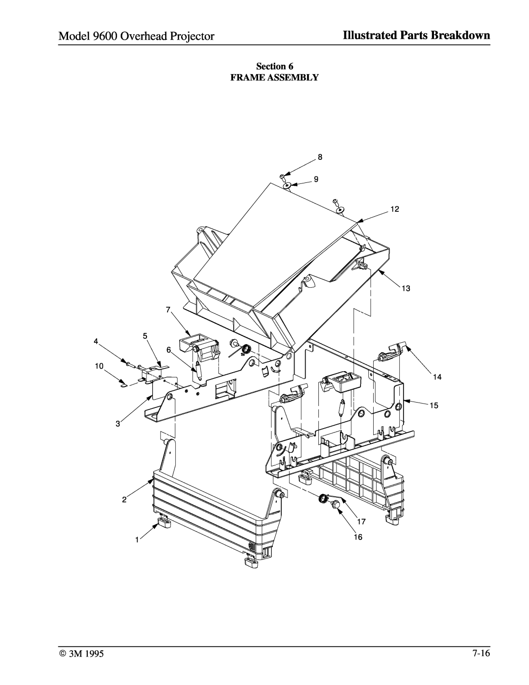 3M manual Section FRAME ASSEMBLY, Model 9600 Overhead Projector, Illustrated Parts Breakdown 