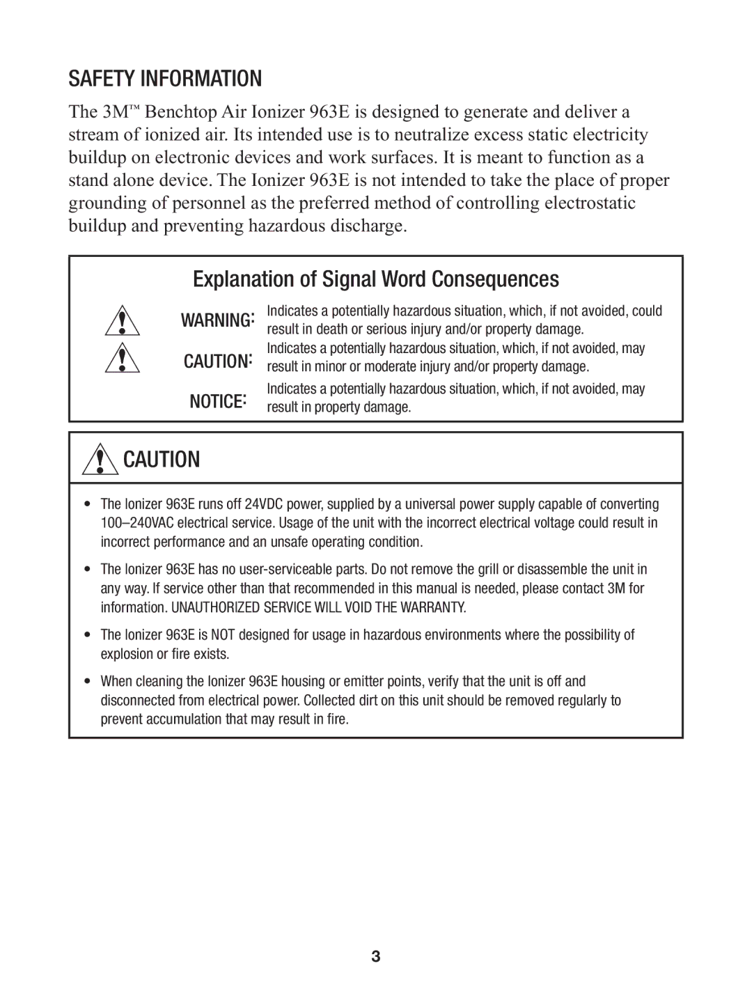 3M 963E manual Safety Information, Explanation of Signal Word Consequences 