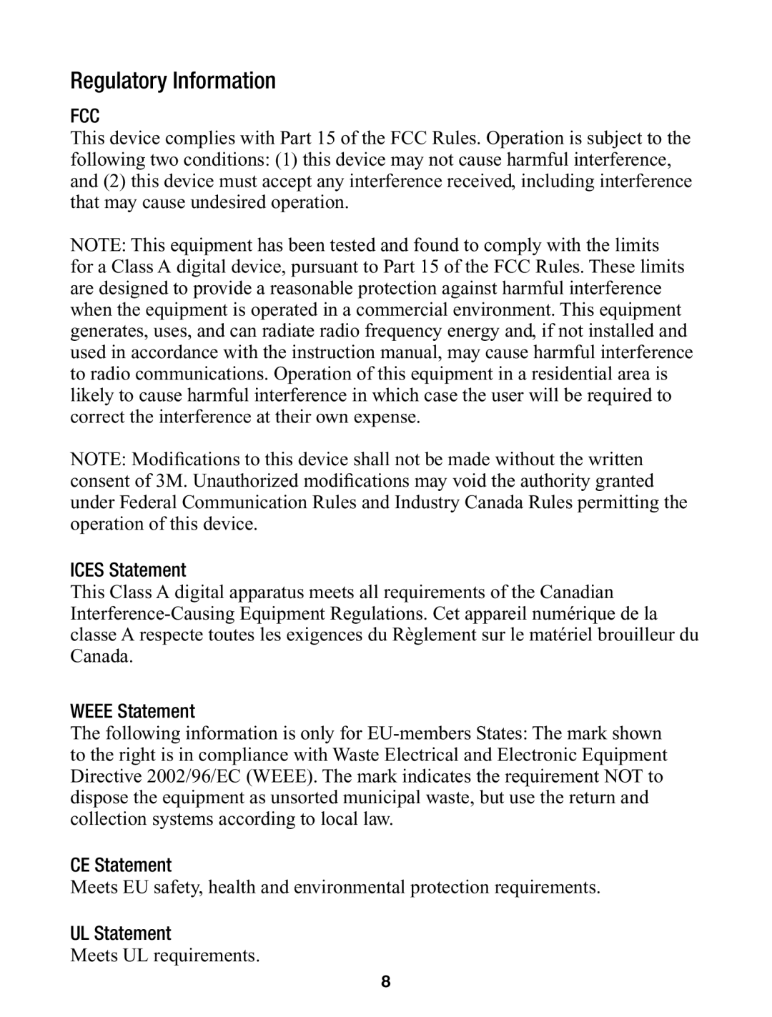 3M 963E manual Regulatory Information, Fcc 