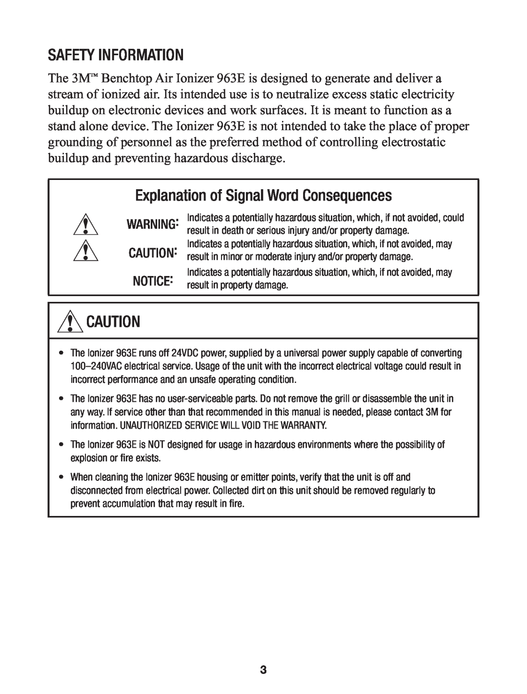 3M 963E manual Safety Information, Explanation of Signal Word Consequences 
