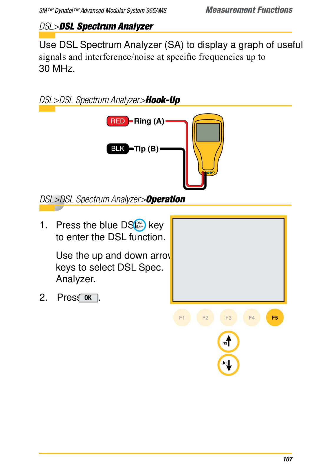 3M 965AMS manual Dsldsl Spectrum AnalyzerHook-Up, Dsldsl Spectrum AnalyzerOperation 