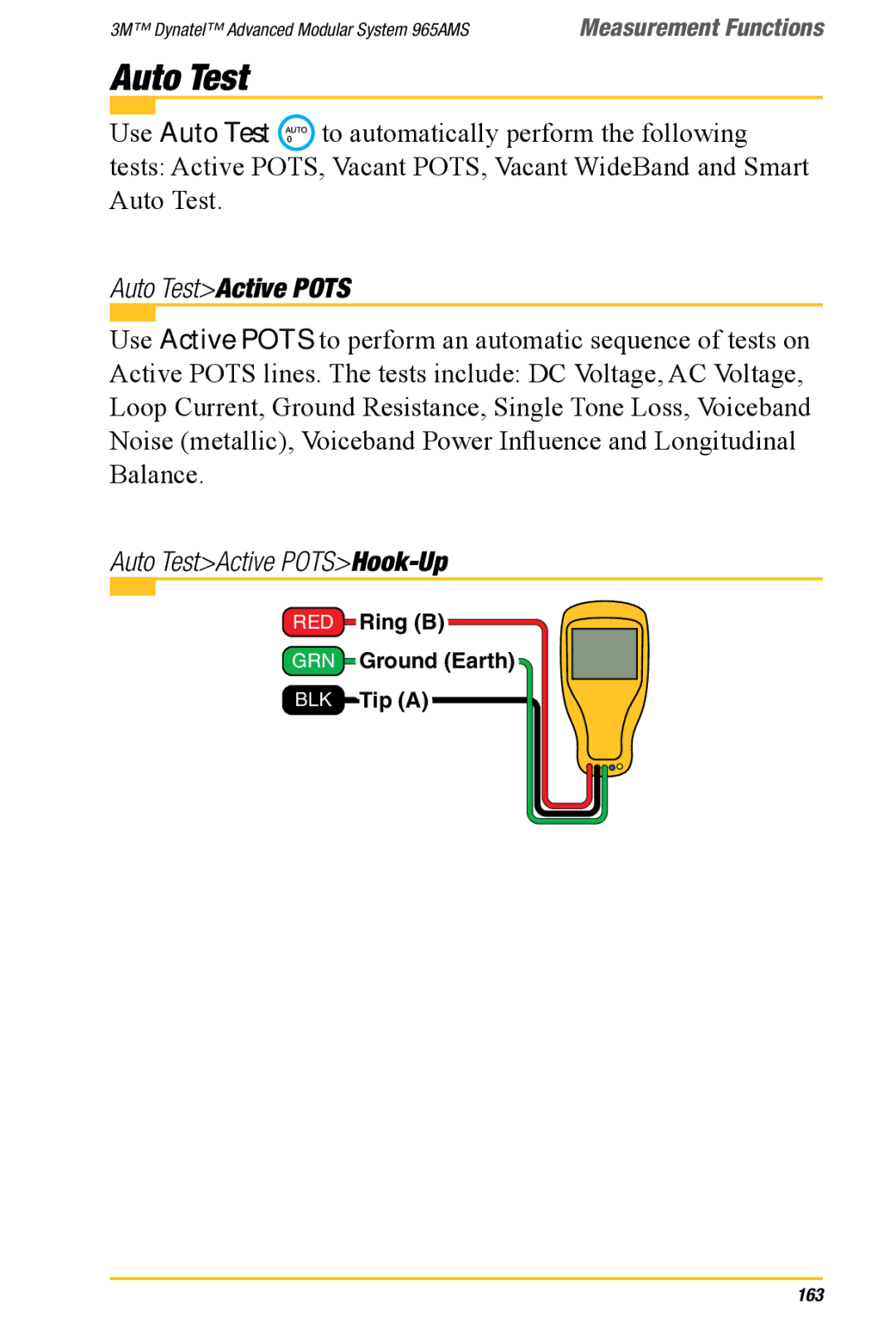 3M 965AMS manual Auto TestActive Pots, Auto TestActive POTSHook-Up 