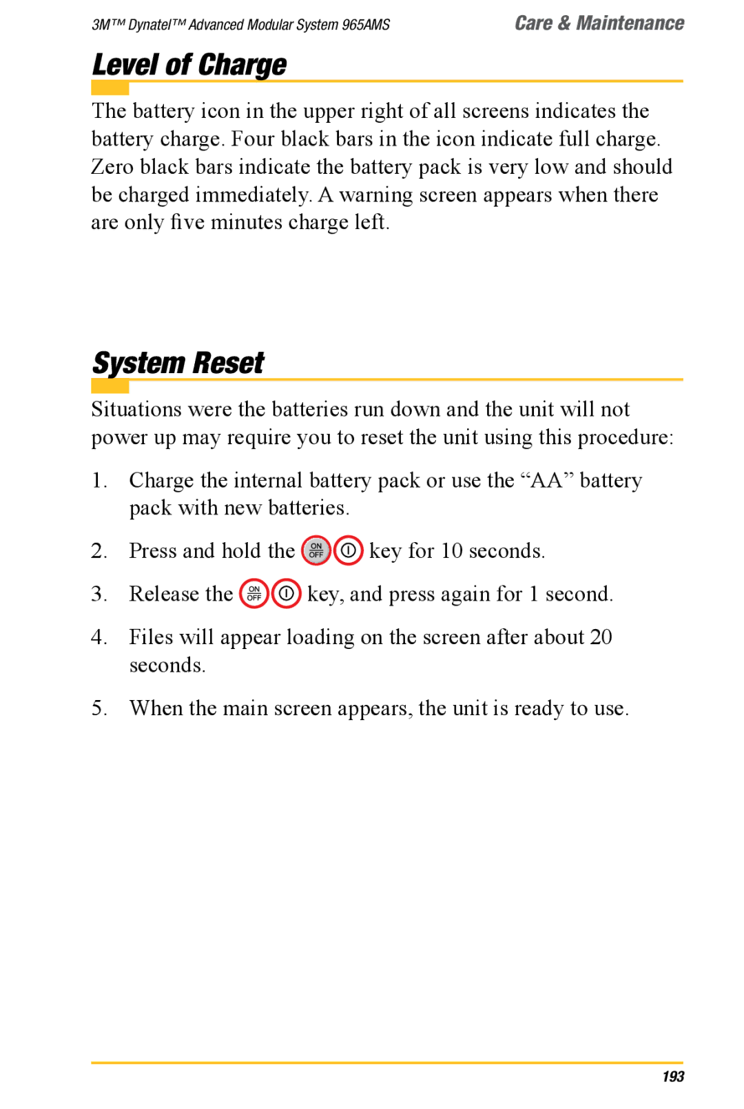 3M 965AMS manual Level of Charge, System Reset 