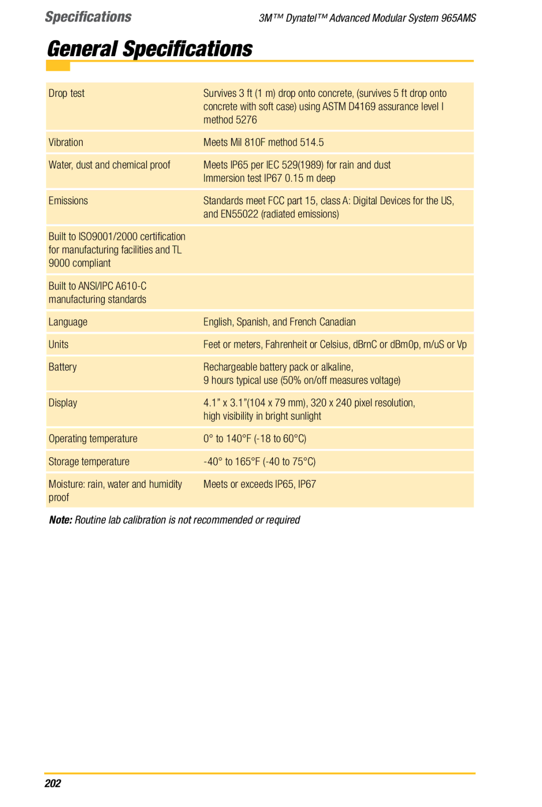 3M 965AMS manual General Specifications, Drop test 