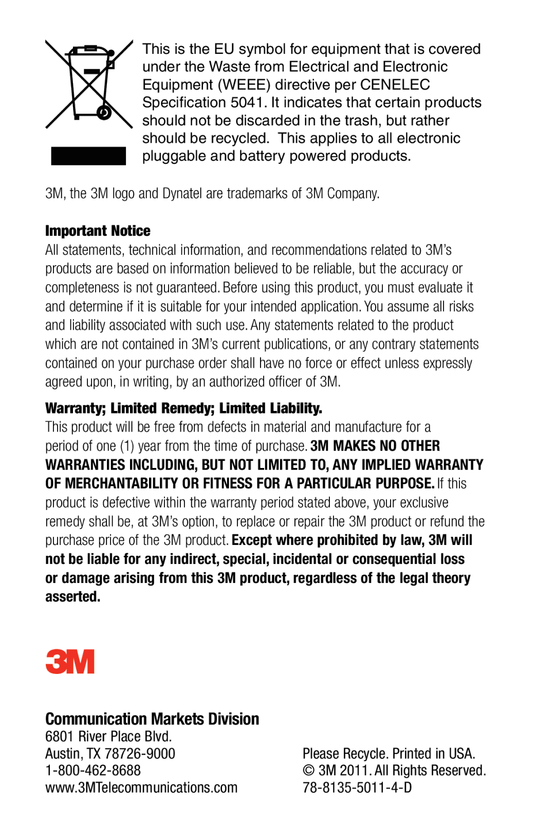 3M 965AMS manual Communication Markets Division 