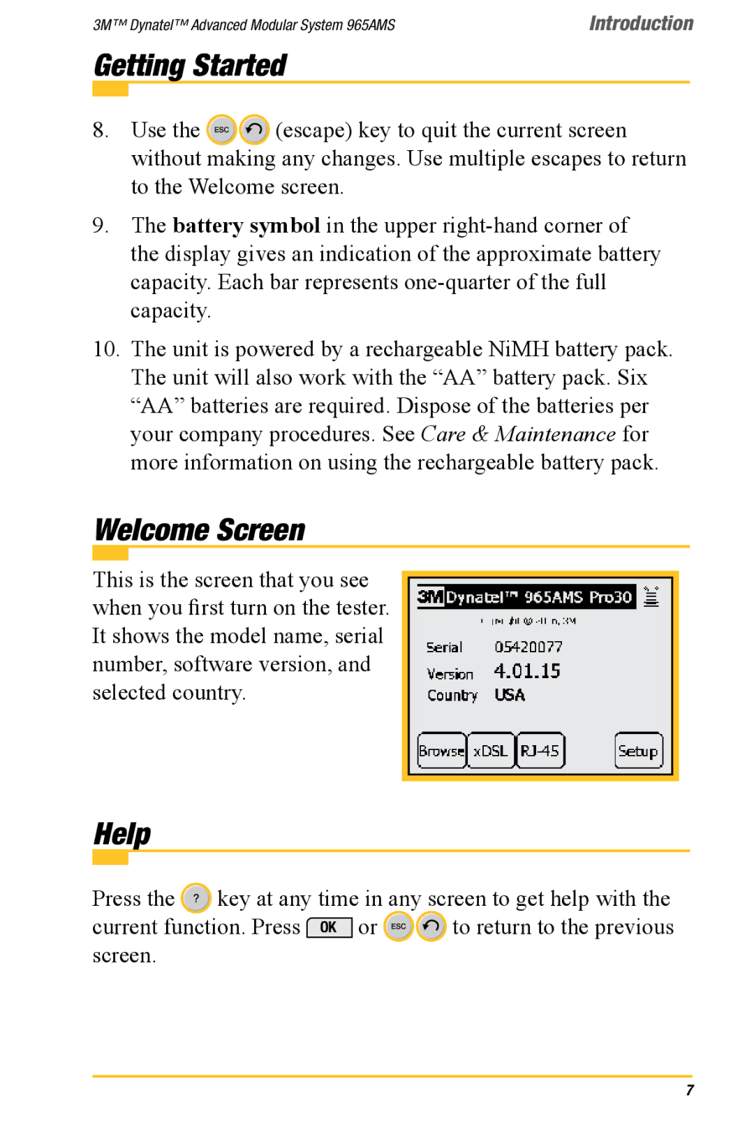 3M 965AMS manual Welcome Screen, Help 