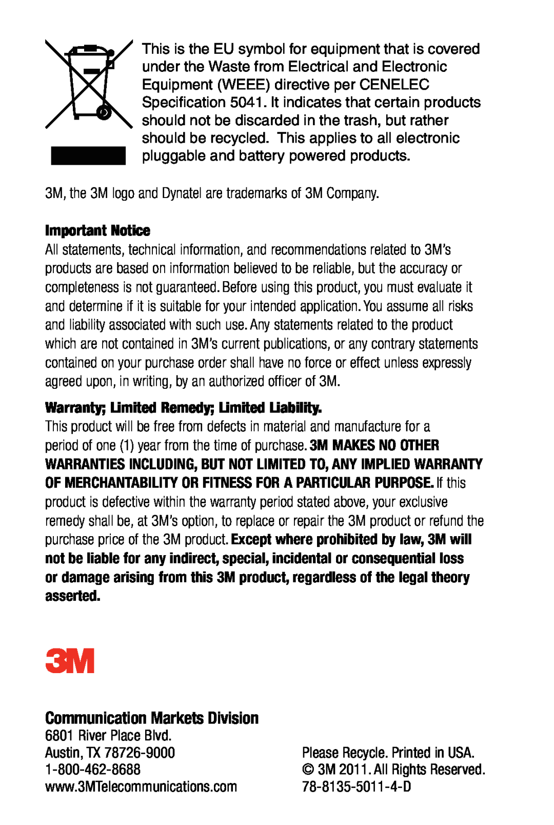 3M 965AMS Communication Markets Division, Important Notice, Warranty; Limited Remedy; Limited Liability, River Place Blvd 