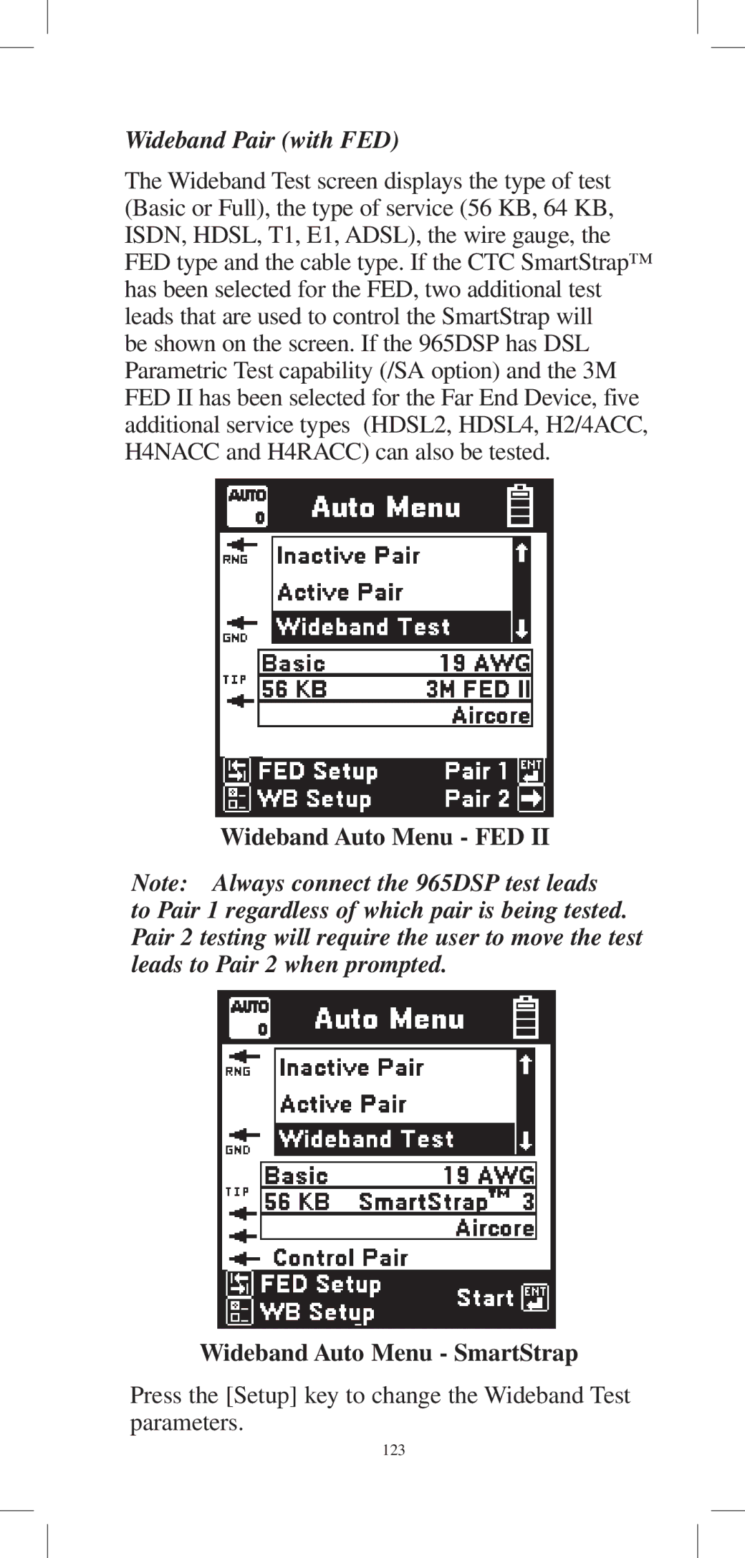 3M 965DPS instruction manual Wideband Pair with FED, Wideband Auto Menu FED Wideband Auto Menu SmartStrap 