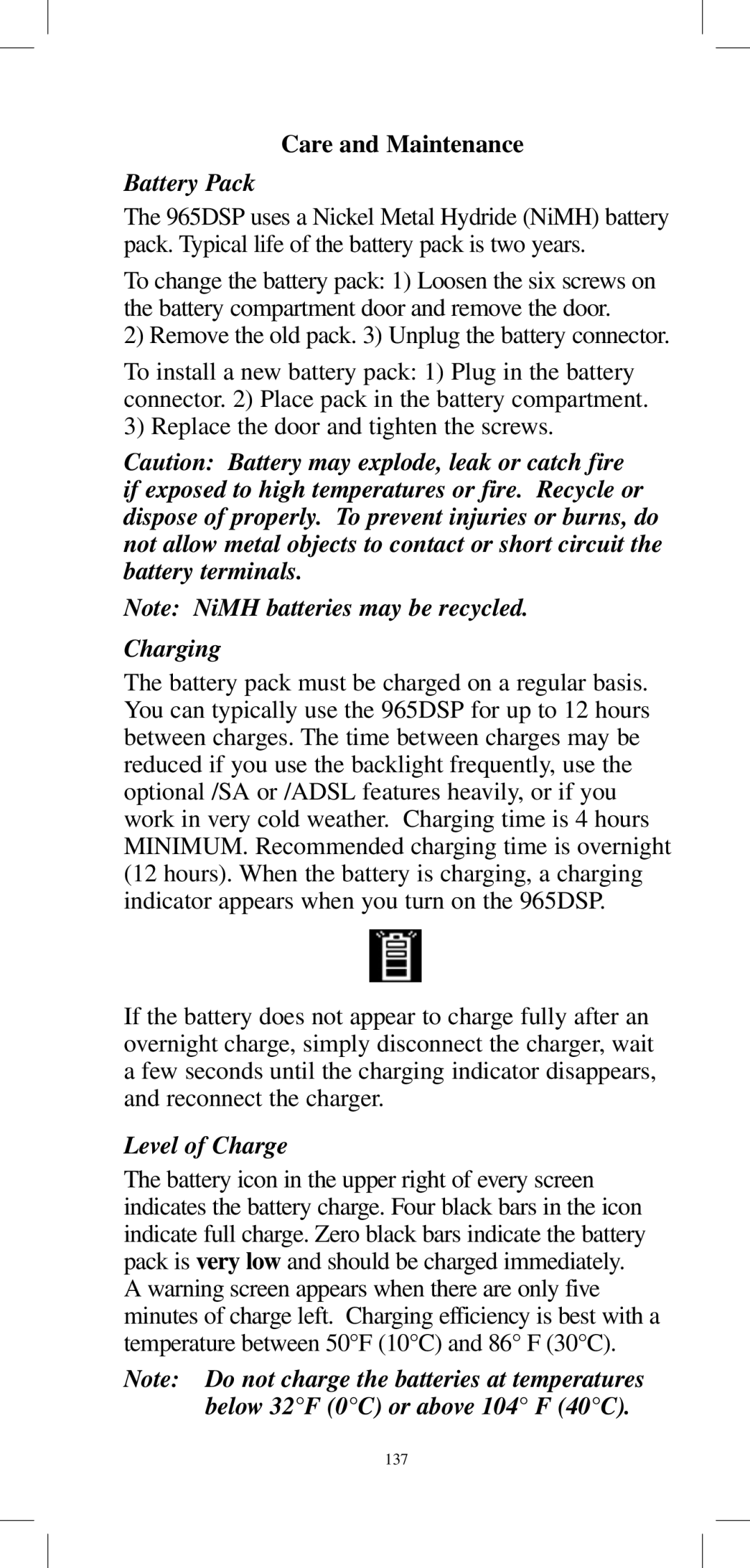 3M 965DPS instruction manual Care and Maintenance, Battery Pack, Level of Charge 