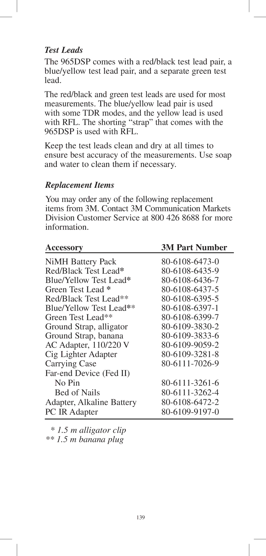 3M 965DPS instruction manual Test Leads, Replacement Items, Accessory 3M Part Number 