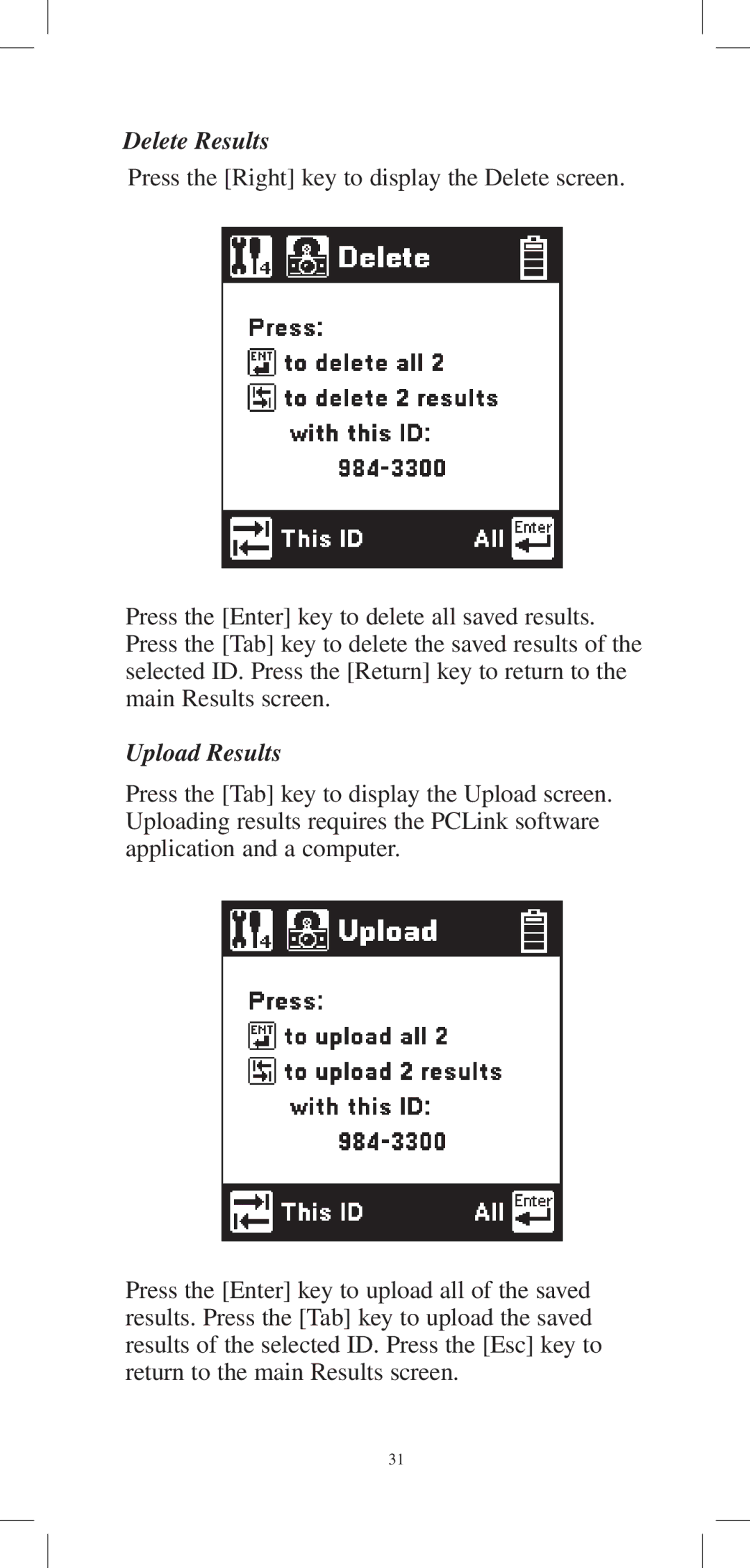 3M 965DPS instruction manual Delete Results, Upload Results 