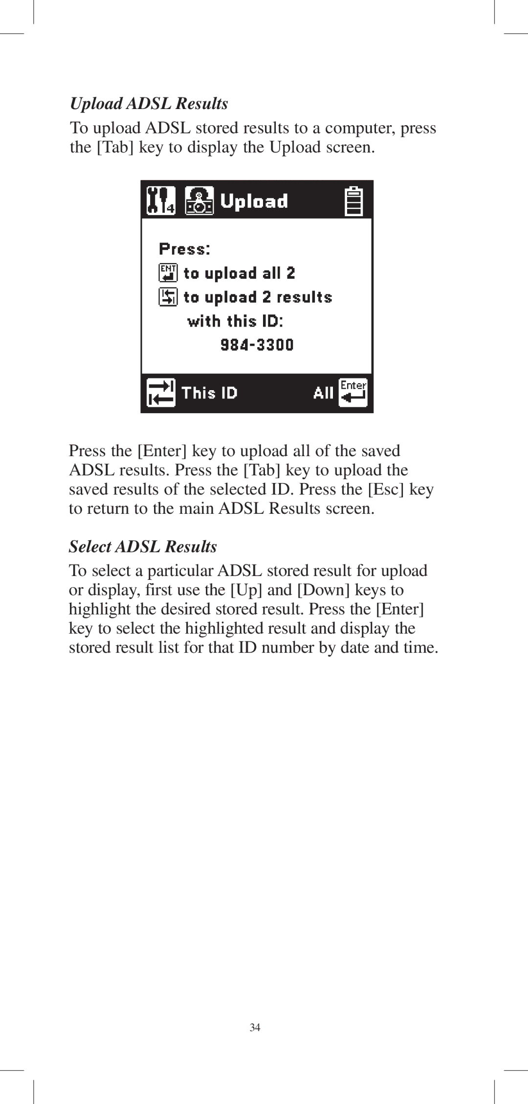 3M 965DPS instruction manual Upload Adsl Results, Select Adsl Results 